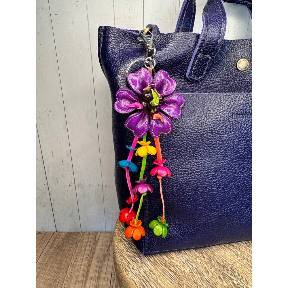 Purple Daisy Flower Leather Bag Charm Genuine Leather Purse Charm Flowers